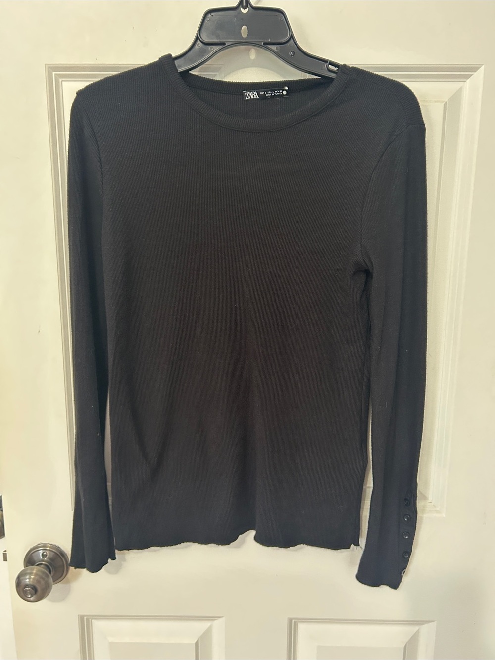 Zara Black Ribbed Crewneck Button Sleeve Top Size Large